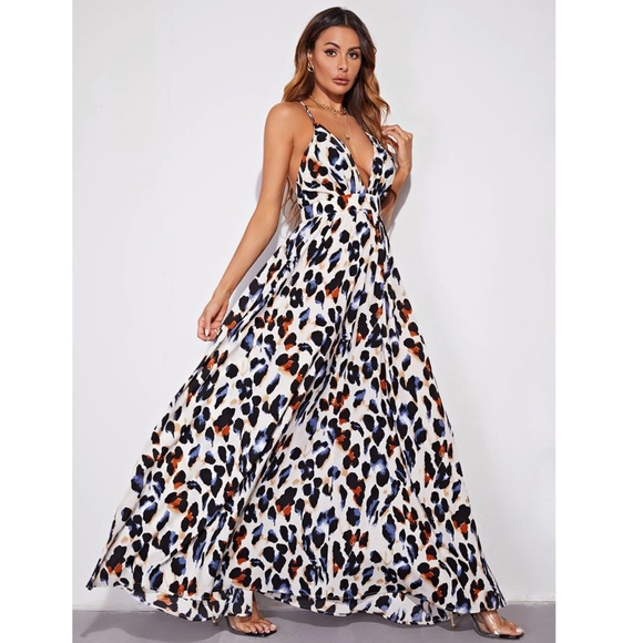 Rouge! Dresses & Skirts - Cheetah Print Cream Multicolor Maxi Dress Backless Criss Cross Straps
